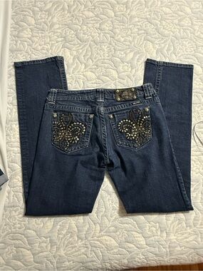 Miss Me Dark Blue Skinny Jeans with Embellished Fleur-de-Lis Pockets